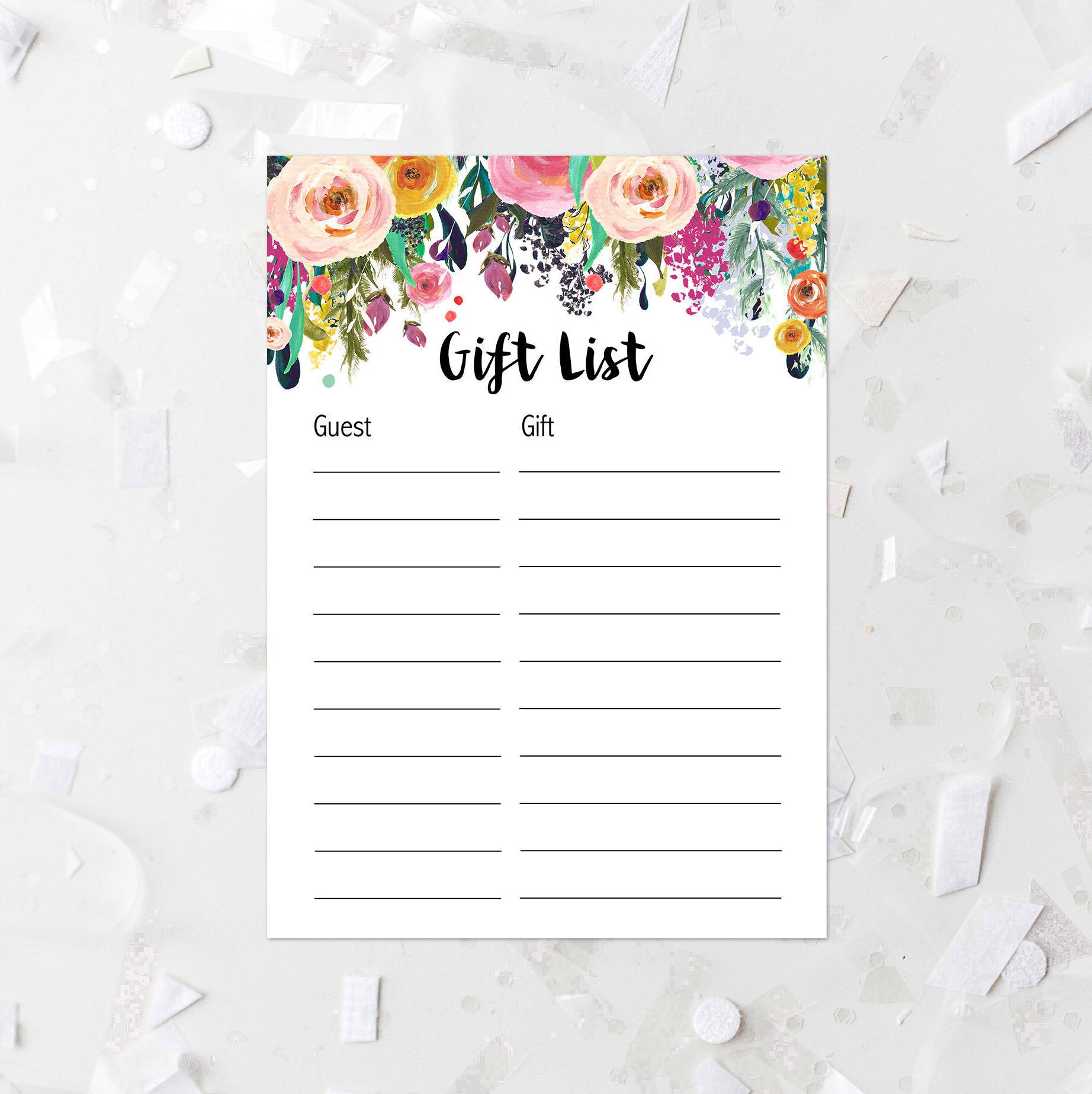 Gift List Printable Floral Baby Shower Gift List Bridal Shower