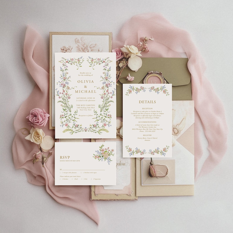 May include: A set of wedding invitations with a floral design. The invitations are white with gold lettering and feature a wreath of flowers and greenery. The text on the invitations reads "Kindly join us for the wedding of Olivia & Michael Saturday, June 18th at 4:00 PM The Ritz Carlton  [address]  Reception to follow  RSVP by May 1st [website]"