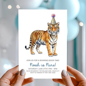May include: A birthday invitation featuring a watercolor illustration of a tiger wearing a party hat. The invitation reads "Noah is Nine!" with event details. The tiger is orange and black with a gold party hat.