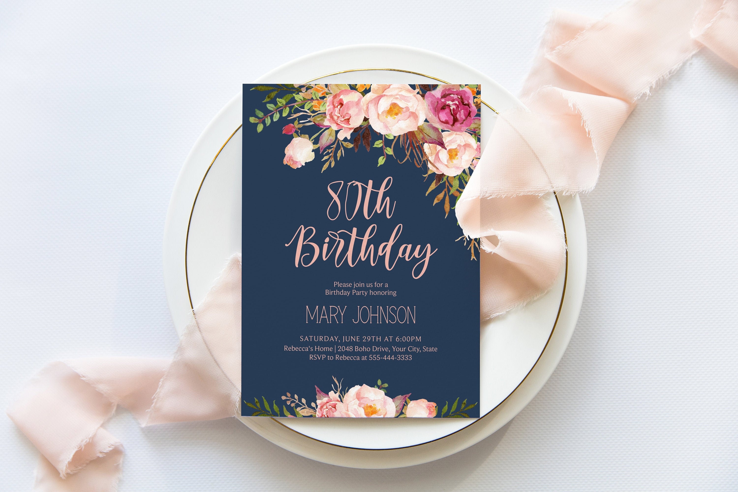 Boho 80th Birthday Party Invitation Bohemian Birthday Invite Blush Rose Rose Gold Navy and Pink Floral Eighty DIY Corjl