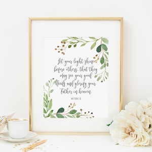 Let Your Light Shine Before Others Printable, Matthew 5:16, Greenery Scripture Wall Art, Bible Verse Wall Art, Christian Wall Art Leaves 276