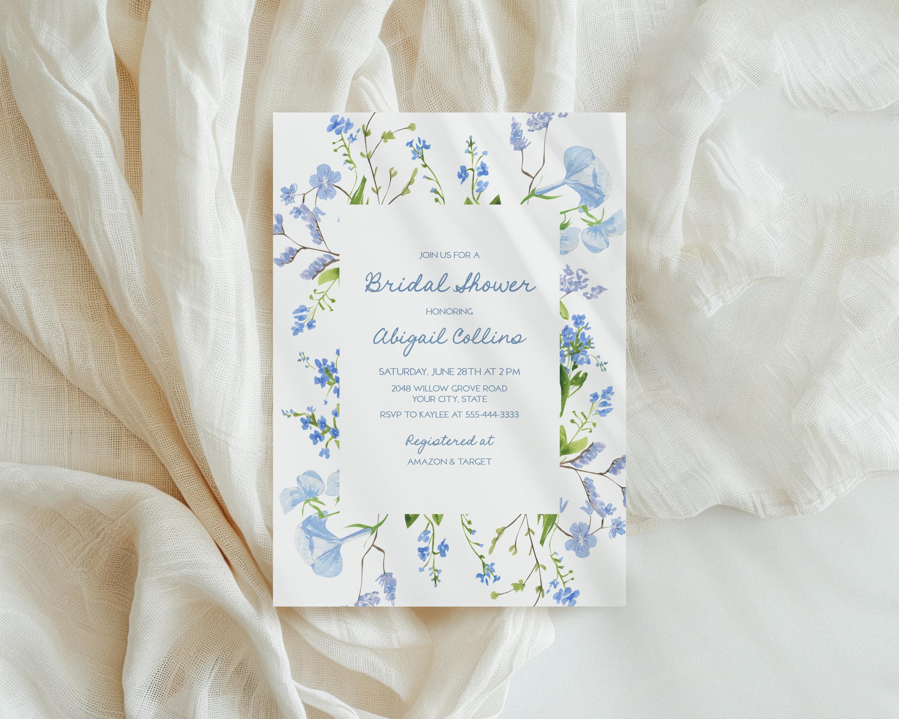 French Country Bridal Shower Invitation, Blue Floral Bridal Brunch Invite, Cottage Floral, Wildflowers, DIY Editable Template 142