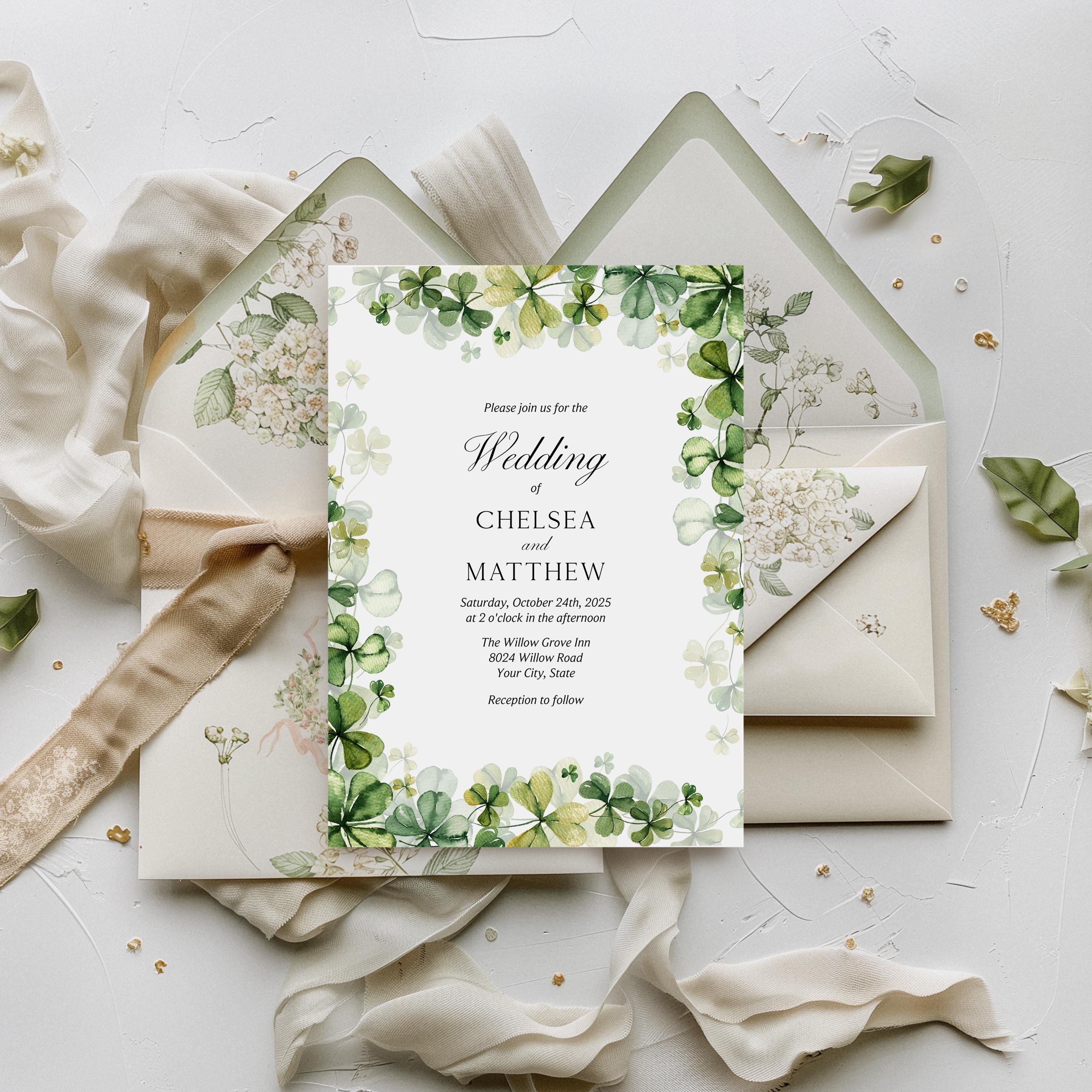 Green Clover Wedding Invitation Template, Editable Botanical Lucky