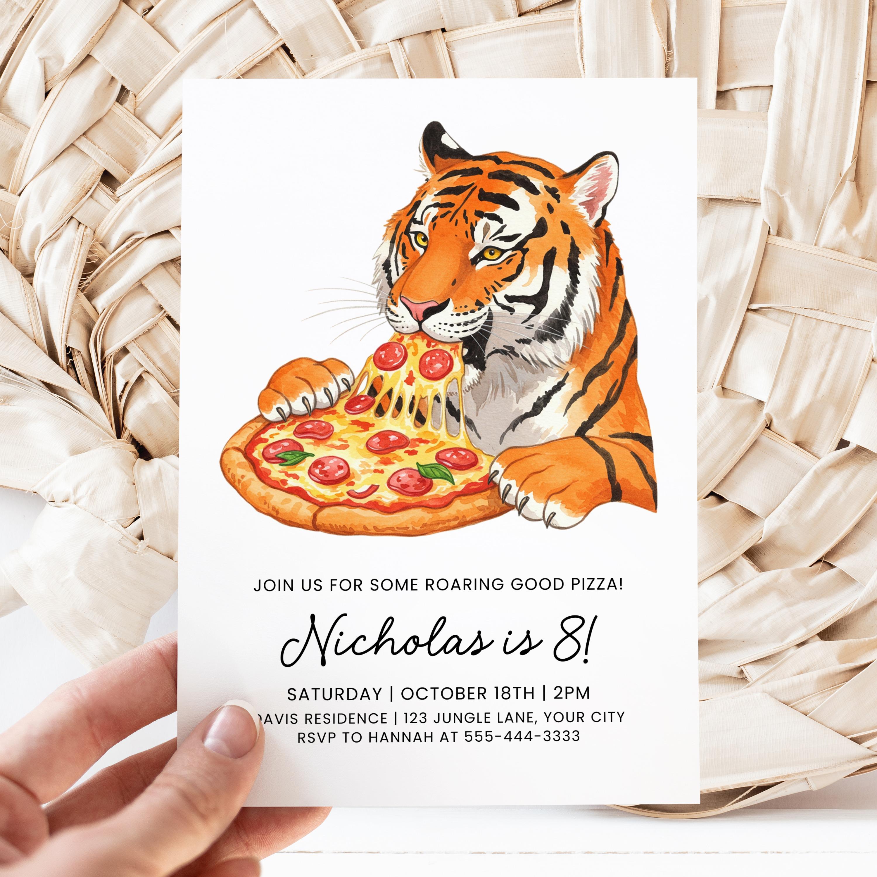 Tiger Pizza Invitation Template, Roaring Party, Editable Invite