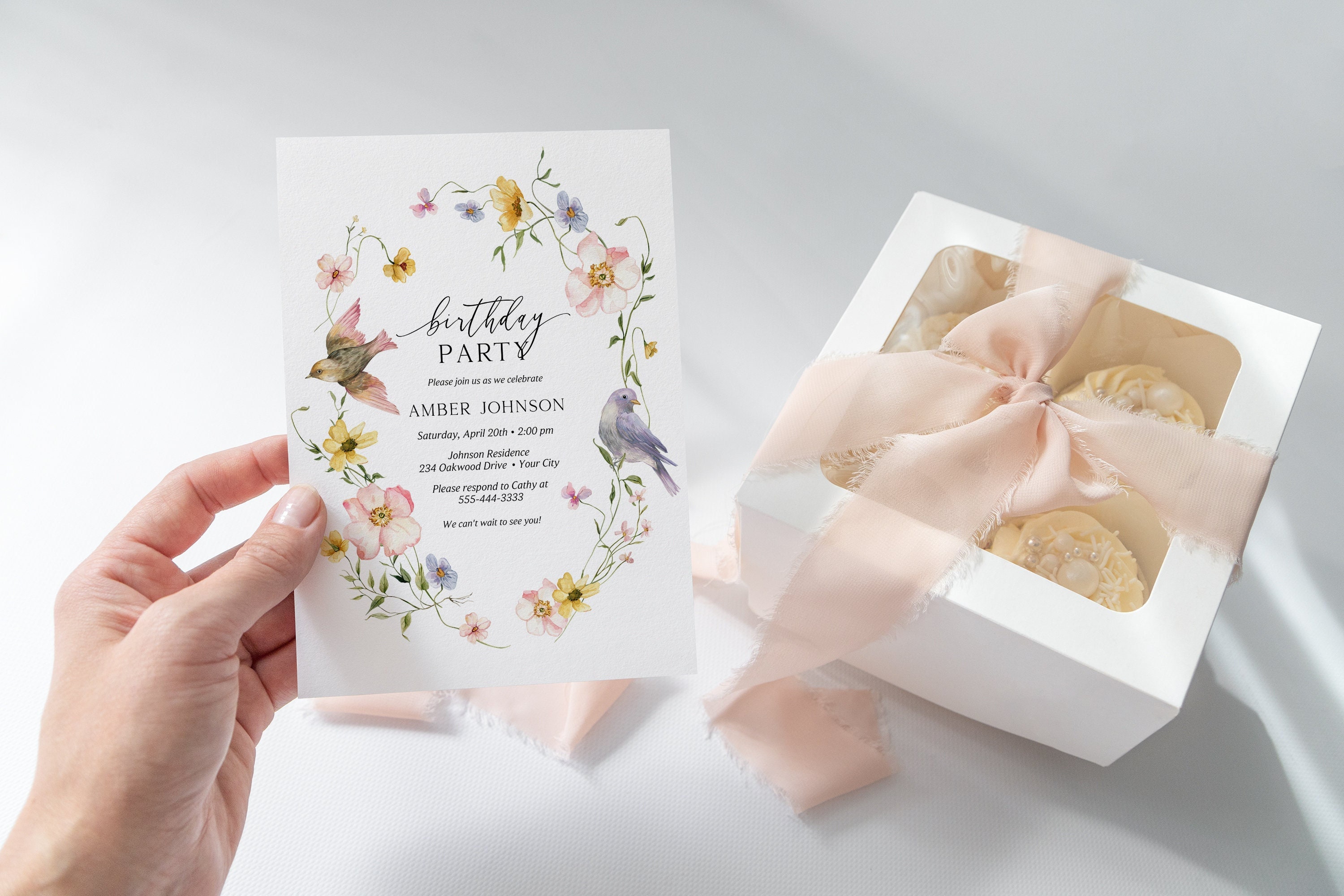 Bird Birthday Party Invitation, Cottage Floral Birthday Invite, Meadow Floral, Pastel Colors, Wildflower, DIY Editable Template 213