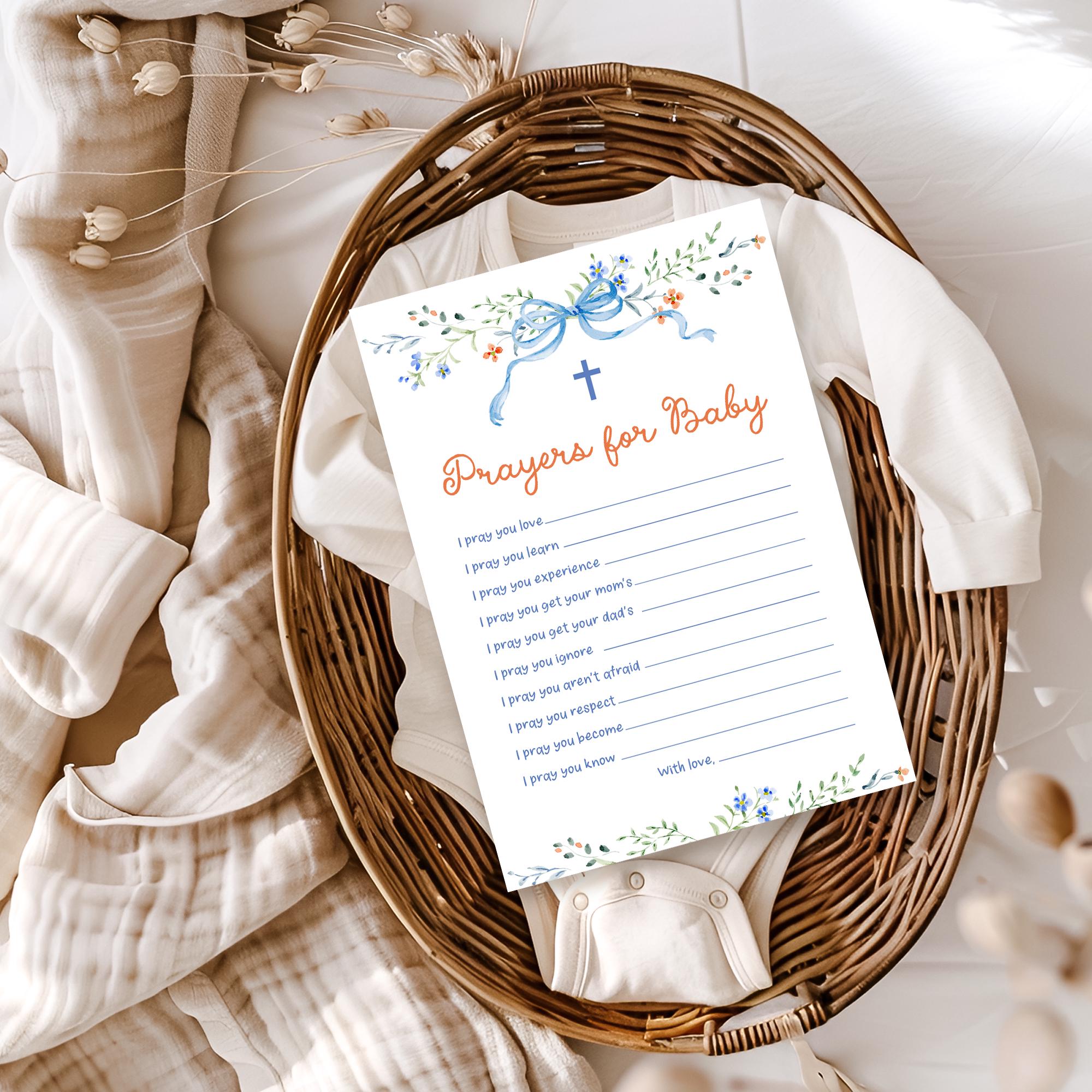 Prayers for Baby Card Printable, Blue Bow and Floral Design, Faith Baby Shower Keepsake with Cross 126