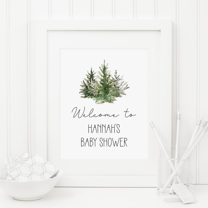 Christmas Bridal Shower Decor Party Decor 8x10 Forest Baby Shower Decoration Winter Evergreen Welcome Sign Editable Corjl Template 110