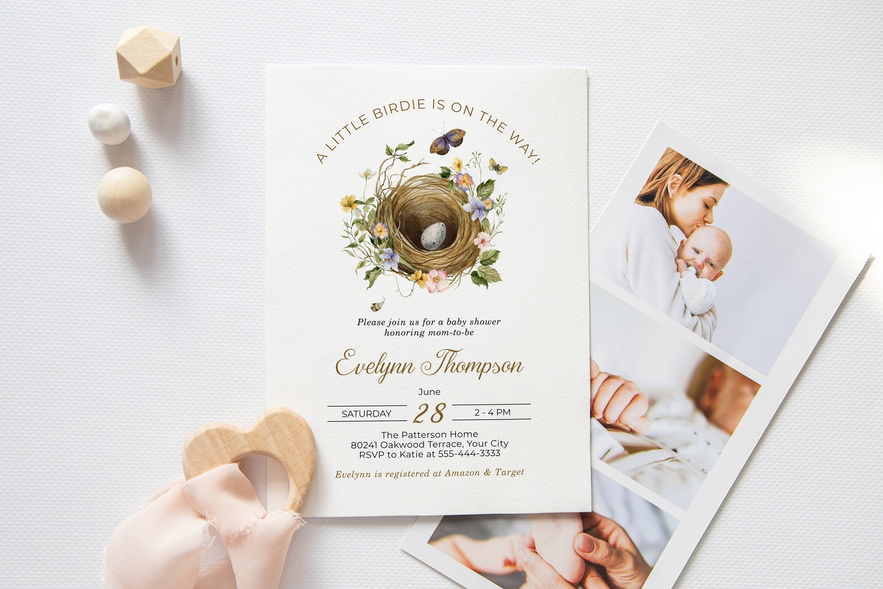Bird's Nest Baby Shower Invitation, A Little Birdie Is On The Way Invite, Baby Bird Invite, Woodland Shower, DIY Editable Template 213