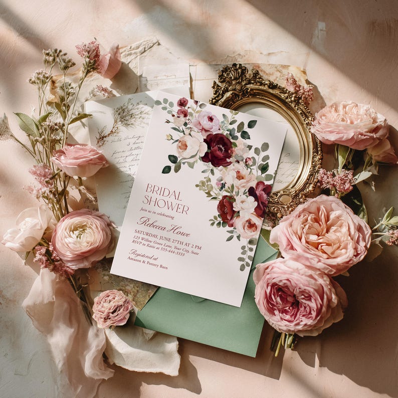 May include: A rectangular bridal shower invitation card featuring a floral arrangement of burgundy, blush, and cream roses with green leaves. The text reads: BRIDAL SHOWER, join us in celebrating, Rebecca Howe, SATURDAY, JUNE 27TH AT 2 PM.