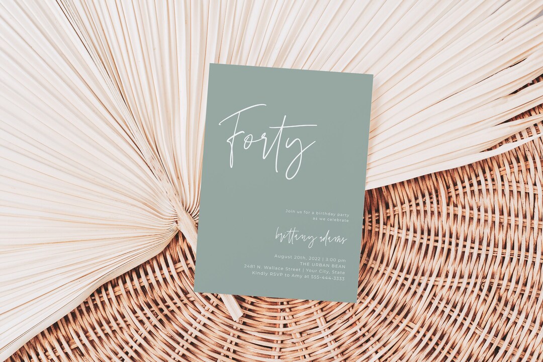 Sage Green 40th Birthday Party Invitation, Minimalist Birthday, Modern