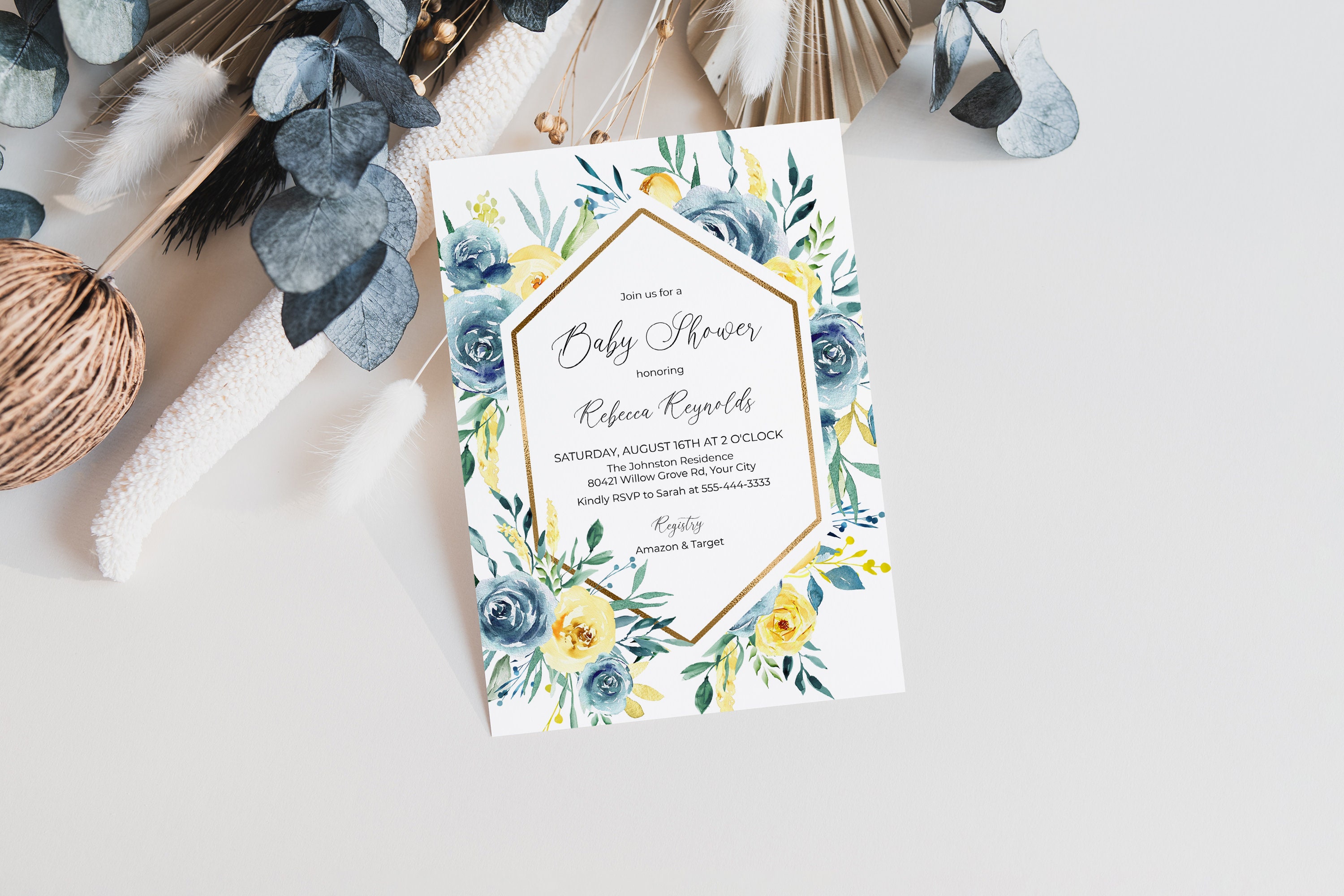 Blaue und gelbe Florale Babyparty Einladung Boho Baby Brunch | Etsy