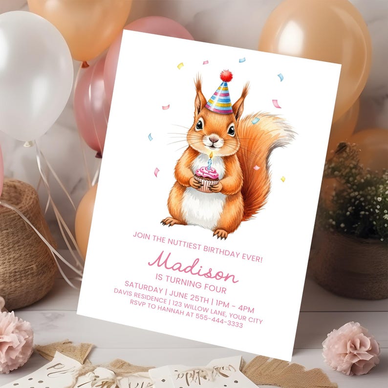 Squirrel Birthday Invitation, Corjl Template, Cute Party Invite ...