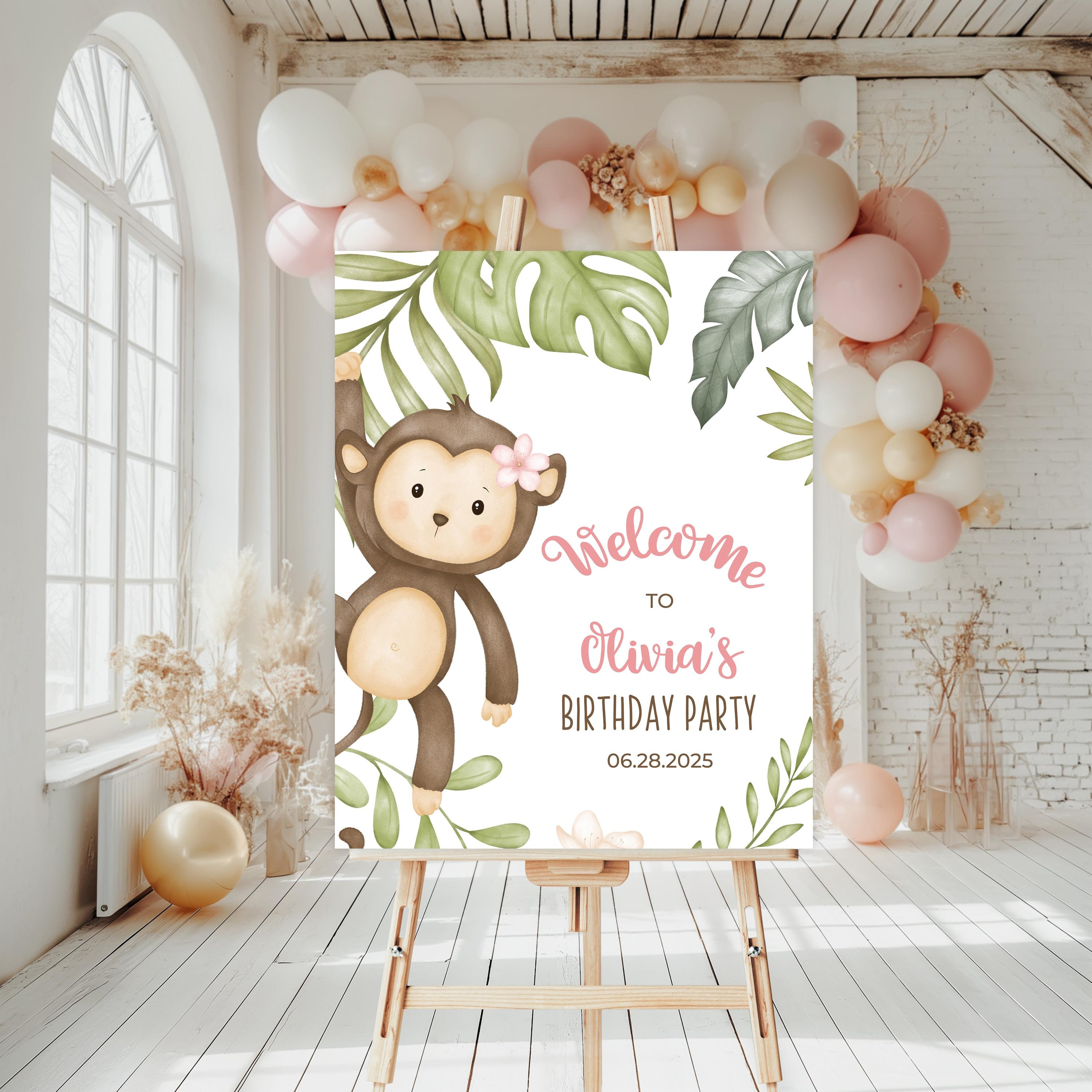 Girl Monkey Welcome Sign, 24x30, Jungle Animal Welcome Poster, Baby Shower Decoration, Birthday Party Decor, DIY Editable Template 133