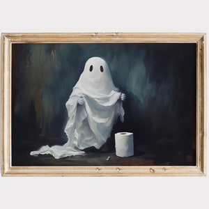 Cute Ghost with Toilet Paper Roll Painting, Spooky Bathroom Printable Art, Halloween Art Print, Haunting Ghost Print, Dark Academia