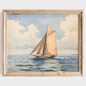 Vintage Sailboat Painting, Antique Lake House Print, Seascape Printable Art, Nautical Home Decor, Coastal Watercolor Painting, Ocean Art