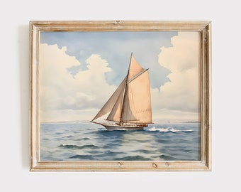 Pintura de velero vintage, impresión de casa antigua en el lago, arte imprimible de paisaje marino, decoración náutica para el hogar, acuarela costera, arte oceánico