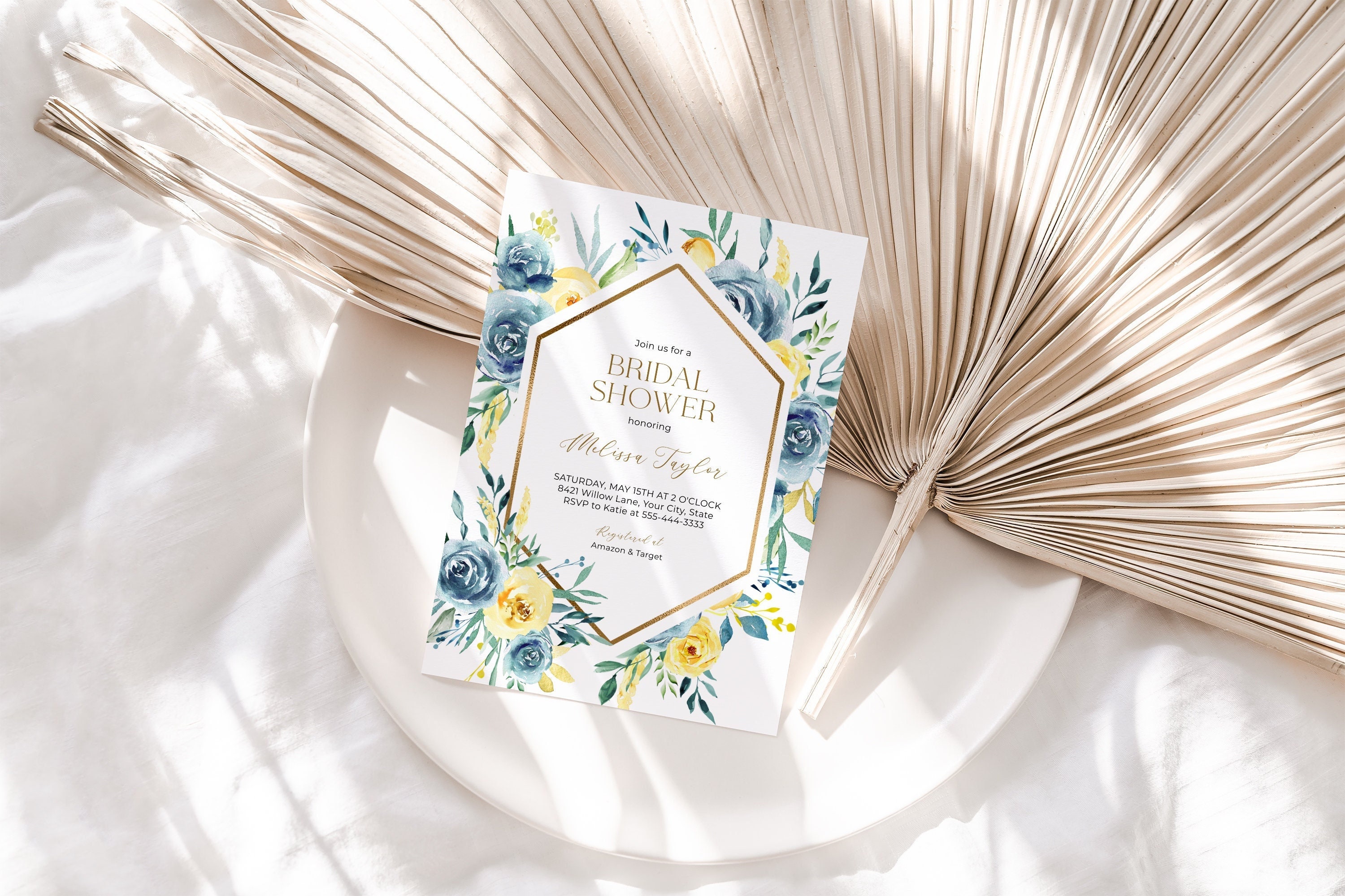 Boho Bridal Shower Invitation Teal Blue and Yellow Floral Bridal Brunch Invite Geometric Frame Bohemian DIY Editable Template