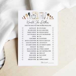 May include: A printable "Would She Rather" game with a kitchen theme. The game features a list of 16 questions with two choices each. The questions are about the bride's preferences, such as whether she prefers to sleep in late or get up early, buy new shoes or buy a new purse, and go to the beach or go to the mountains.