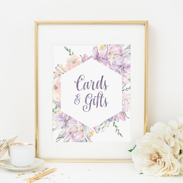 Cards and Gifts Sign, Instant Download, Lavender and Blush Floral Bridal Shower Decoration, Spring Floral Baby Shower Decor 161