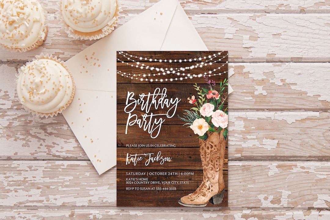 Editable Boho Birthday Party Invitation, Cowgirl Boot Birthday Invite