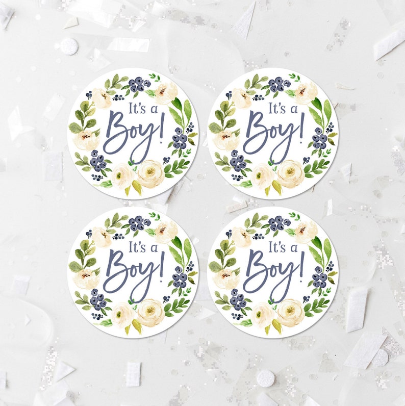 Favor Stickers Cupcake Toppers PRINTABLE It\u2019s A Boy Favor Tags Popcorn Labels Blue Floral Baby Shower Favor Labels Shower Decor 346