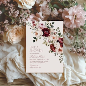 Burgundy Floral Bridal Shower Invitation Template, Editable Corjl Wedding Shower Invite, Maroon Garden Rose Digital Card 303 image 5