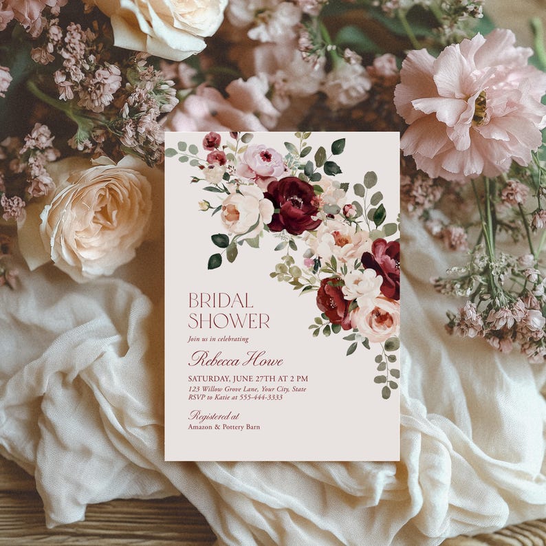Burgundy Floral Bridal Shower Invitation Template, Editable Corjl Wedding Shower Invite, Maroon Garden Rose Digital Card 303 image 5