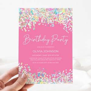 Invito per festa di compleanno con glitter olografici, invito per compleanno di una donna con coriandoli, invito per compleanno glamour, modello moderno, fai da te modificabile 306