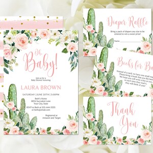Invitación floral rosa para baby shower, plantilla editable, invitación de cactus para baby shower, libros de fiesta para bebé, boleto de rifa de pañales Corjl 364