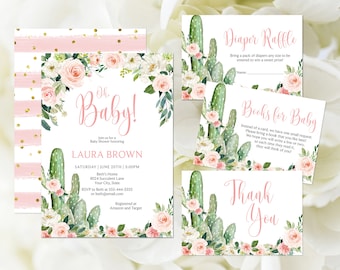 Pink Floral Baby Shower Invitation Set, Editable Template, Cactus Baby Shower Invite, Fiesta Books For Baby, Diaper Raffle Ticket Corjl 364
