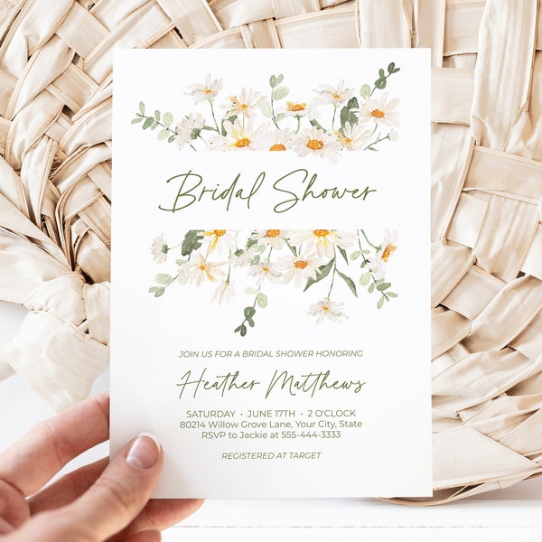 Daisy Bridal Shower Invitation, Summer Floral Bridal Brunch Invite, White Floral, Wedding Shower Invite, DIY Editable Template 349