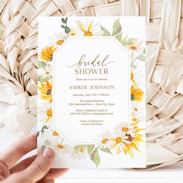 Sunflower and Daisy Bridal Shower Invitation, Summer Floral Bridal Brunch Invite, Wedding Shower Invite, DIY Editable Template 349