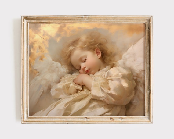 眠れる天使の絵画、ベビーエンジェルのアートプリント、宗教的な壁