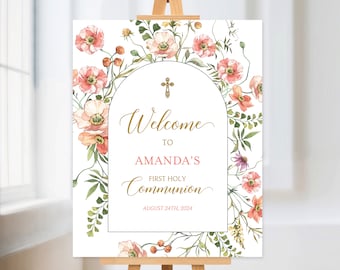 Blush Pink Wildflower First Holy Communion Welcome Sign, Baptism Welcome Poster, Dedication Sign, Decoration, DIY Editable Template 159