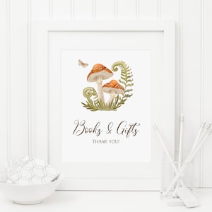 Letrero de libros y regalos con hongos, descarga instantánea, decoración de baby shower con temática de bosque, vegetación forestal, mariposas, género neutro 282