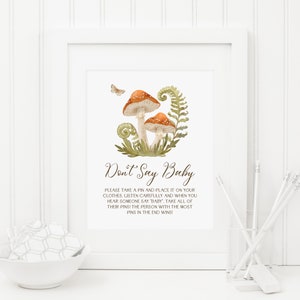 Mushroom Don’t Say Baby Game Sign, Instant Download, Woodland Baby Shower Game, Shower Activity, Diaper Pin Game, Gender Neutral 282