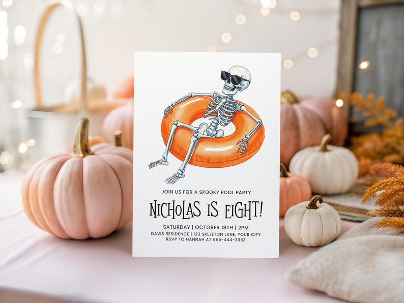 Spooky Birthday Pool Party Invitation Template, Editable Skeleton in ...
