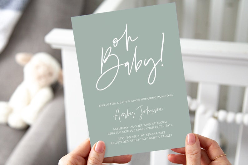 Sage Green Minimalist Baby Shower Invitation Oh Baby Etsy
