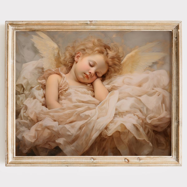 Sleeping Angel Painting, Baby Angel Art Print, Religious Wall Art, Christian Home Decor, Christening Gift, Printable Wall Art