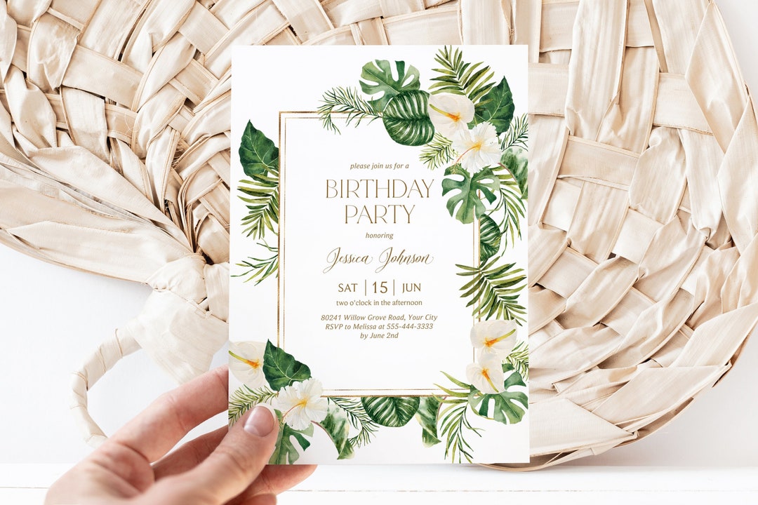 White Hibiscus Birthday Party Invitation, Tropical Floral Woman's ...