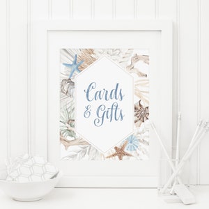 Letrero de playa con tarjetas y regalos, descarga instantánea, letrero para mesa de regalos, decoración bohemia para despedida de soltera oceánica, letrero para baby shower, conchas, coral 429