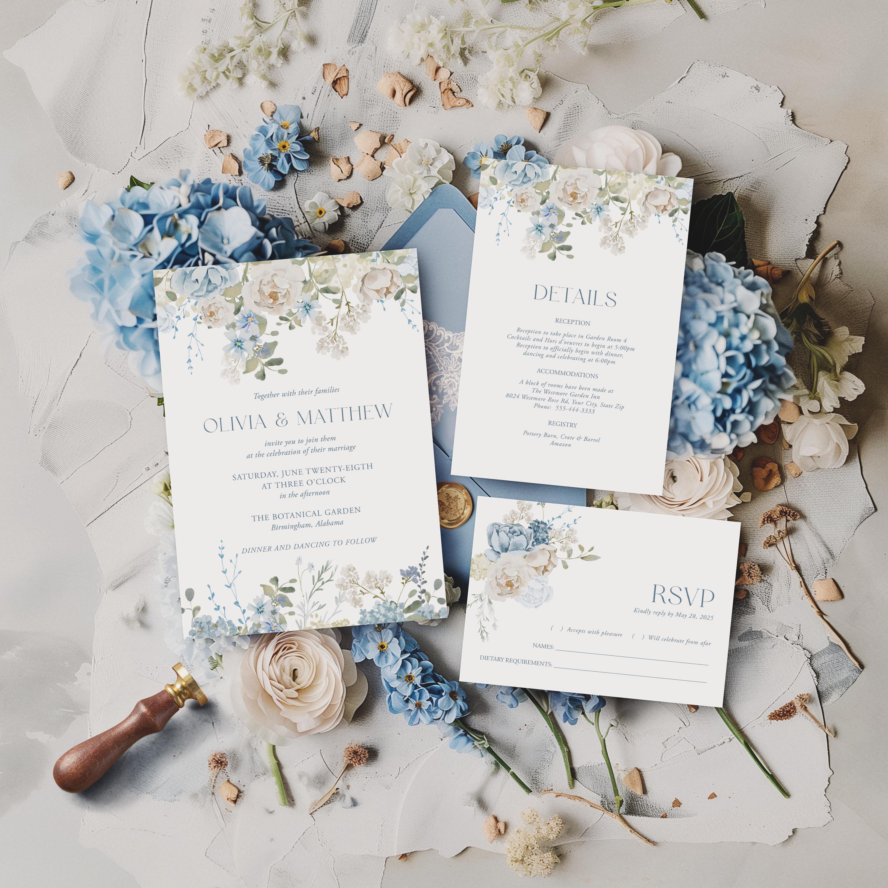 Dusty Blue Wedding Invitation Set, Printable Suite With RSVP