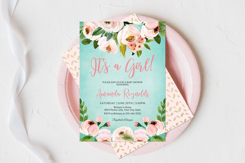 Pink Floral Its A Girl Baby Shower Invitation, Editable Template, Bohemian Baby Sprinkle Invite, Boho Couples Shower, Teal, Blush Corjl 233 image 1