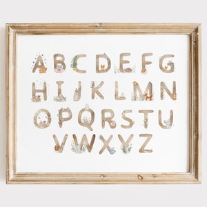 Woodland Alphabet Art Print, ABC&#39;s Nursery Wall Art, Forest Animals Printable Art, Cottagecore Baby Girl Nursery Decor, Wildflowers