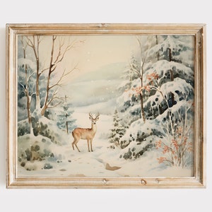 Winter Wonderland Print, Nostalgic Christmas Printable Art, Snowy Landscape Painting, 50&#39;s Aesthetic, Deer in the Woods Art Print