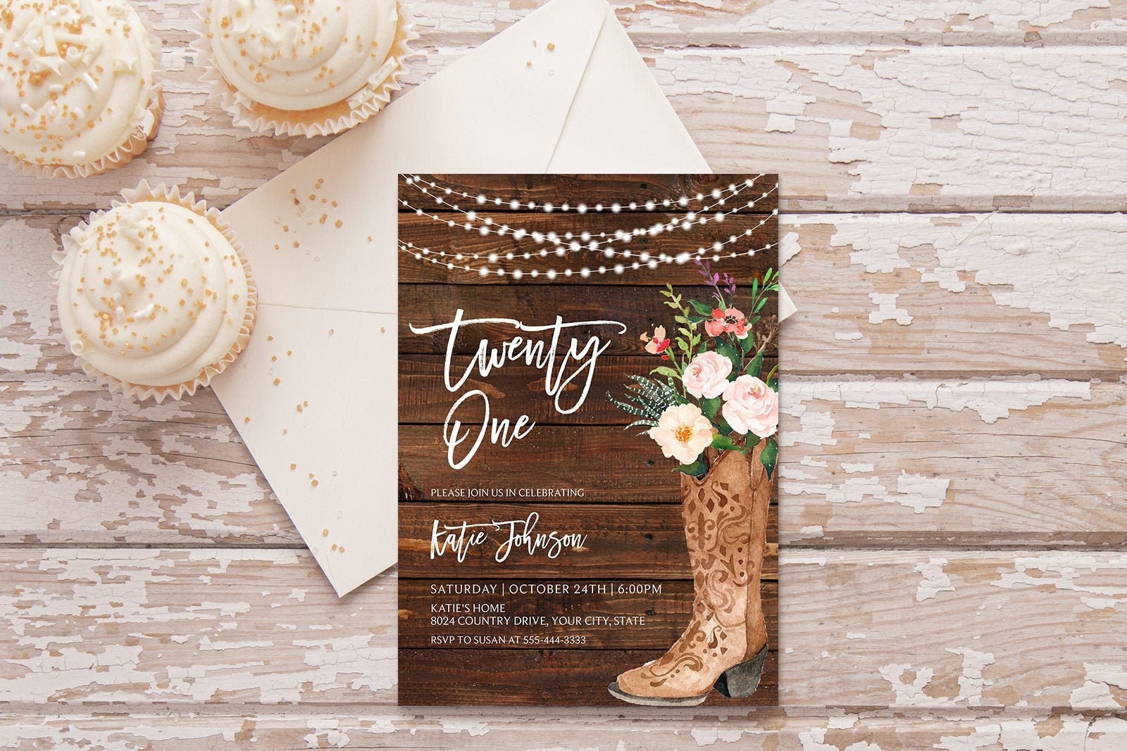 Buy Boho Birthday Party Invitation, Cowgirl Boot Birthday Invite, Rustic  Country, String Lights, Twenty-one, 21st, 21, Corjl Template 265 Online in  India - Etsy, image size:1600x1067