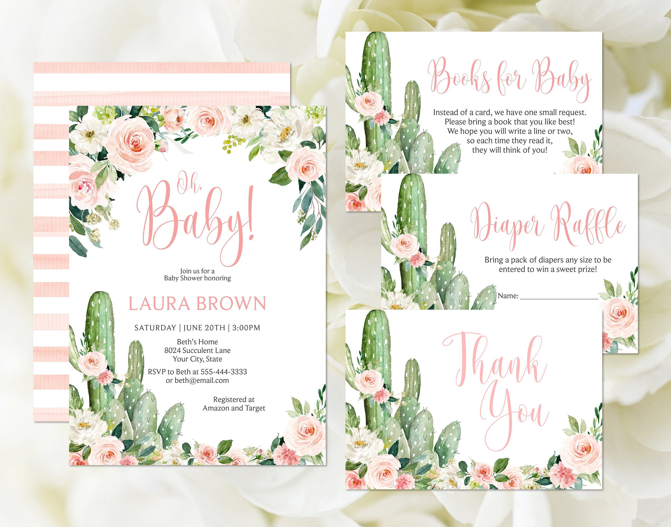 Pink Floral Baby Shower Invitation Set Editable Template Etsy