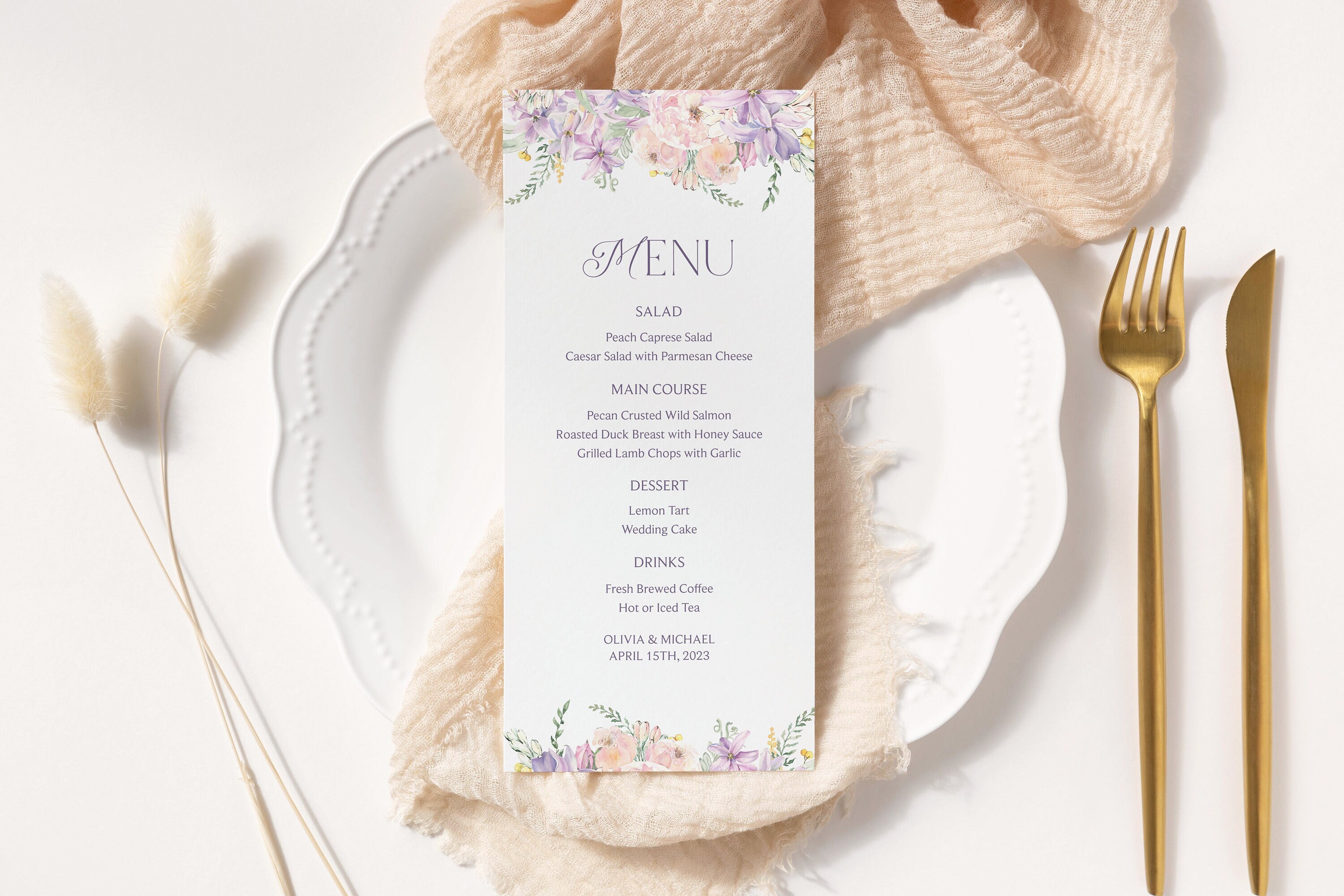 Pink and Lavender Floral Wedding Menu Card Reception Table Decor Shower Menu Cottage Floral Garden Blooms DIY Editable