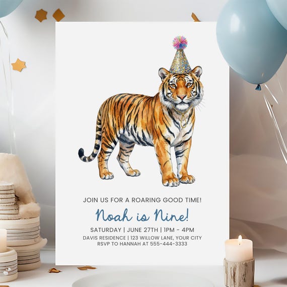 Wild One Tiger Birthday Invitation Corjl Template, Jungle Safari Roaring Party Animal, Editable Printable Kids Invite