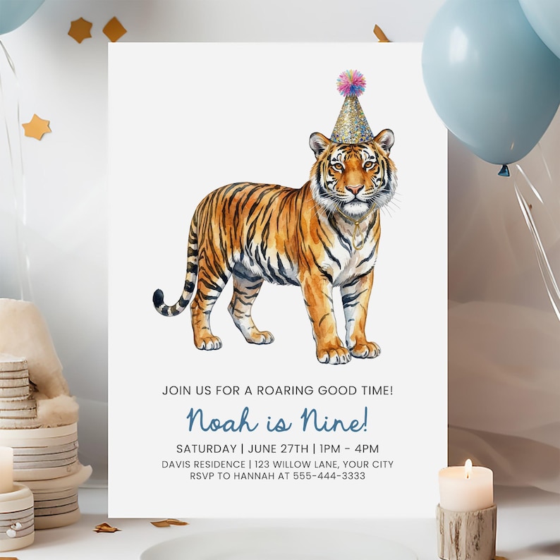May include: A birthday party invitation featuring a watercolor illustration of a tiger wearing a party hat. The invitation reads "Noah is Nine!" with event details. The tiger is orange and black with a gold party hat.